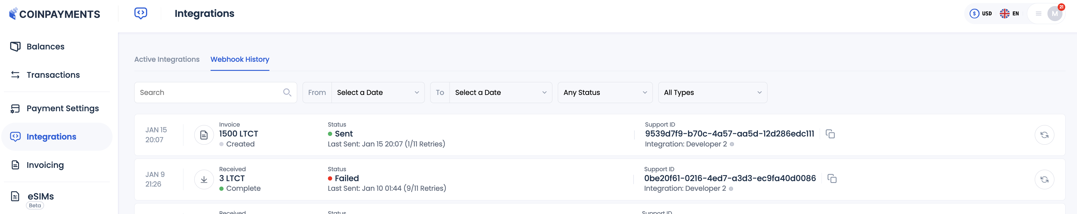 Webhook History