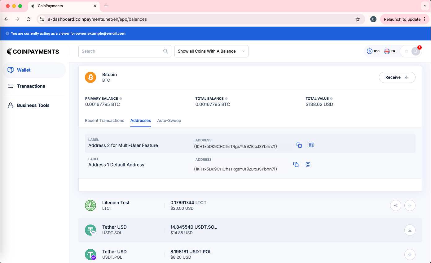 View Wallet Addresses Per Currency