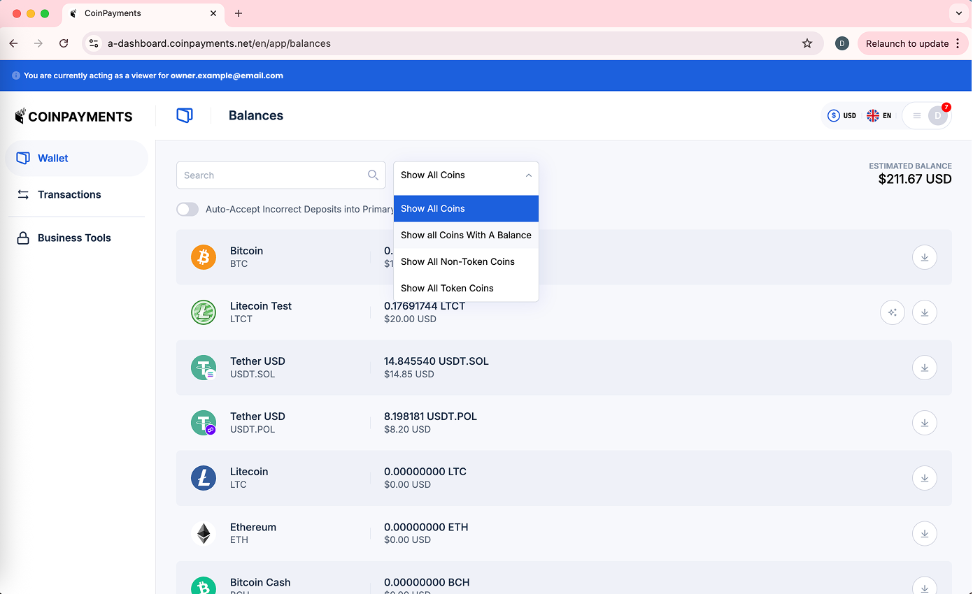 Wallet Filtering Options